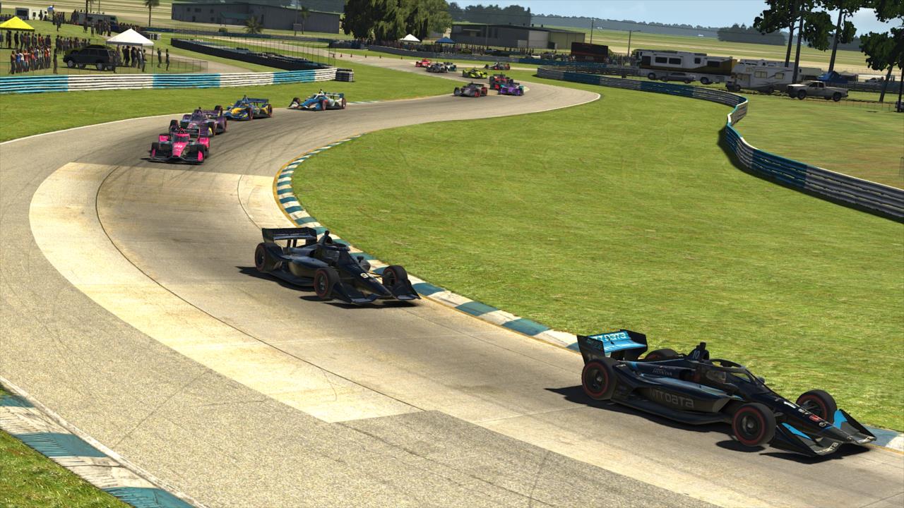 Alex Palou leads the field during the opening lap of Race 3 of the INDYCAR iRacing Challenge Season 2 at the virtual Sebring International Raceway -- Photo by:  Photo Courtesy of iRacing